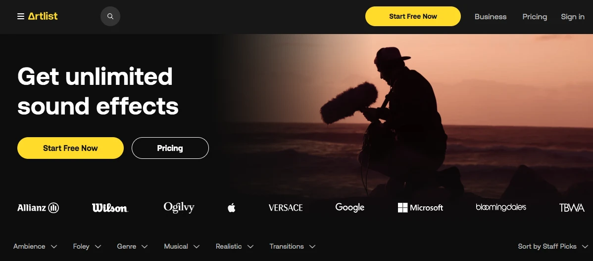 Silhouette of a person wearing a hat holding a microphone on the right. Text reads Get unlimited sound effects. Logos of companies like Google and Microsoft are at the bottom. Menu options include Ambience, Foley, and more. Buttons for Start Free Now and Pricing.