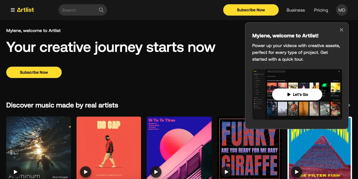 Webpage for a creative platform called Artist, featuring music and video projects. The header reads Your creative journey starts now. It has bright album covers and a pop-up tip about powering videos with creative assets.
