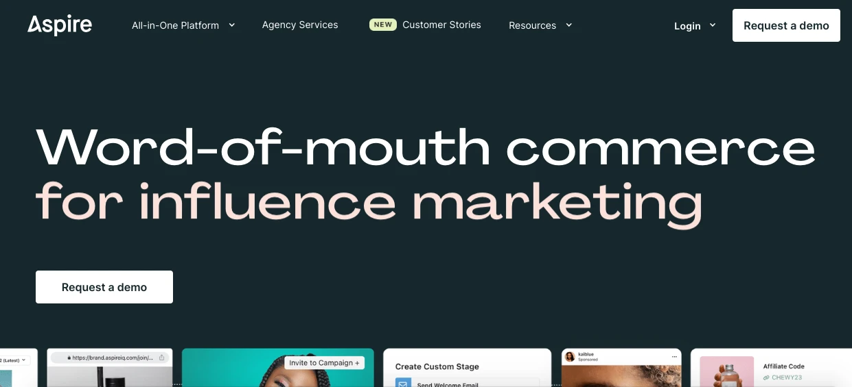 Screenshot of Aspires website homepage featuring a tagline: Word-of-mouth commerce for influence marketing. Navigation menu items include All-in-One Platform, Agency Services, Customer Stories, and Resources. Buttons for login and demo request are visible.