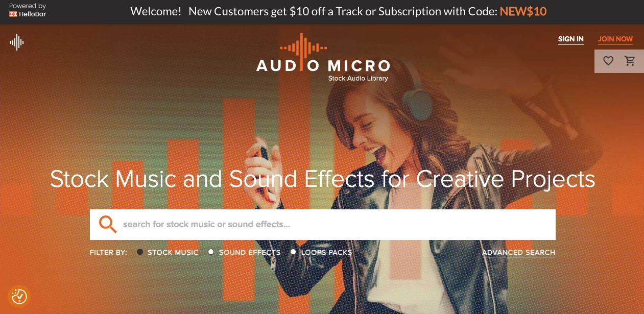 A woman wearing headphones smiles while holding a phone. The text Stock Music and Sound Effects for Creative Projects is displayed over her image. Below, theres a search bar and options to filter by Stock Music, Sound Effects, and Loops Packs.