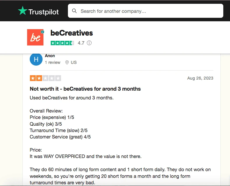 beCreatives Review on Trustpilot