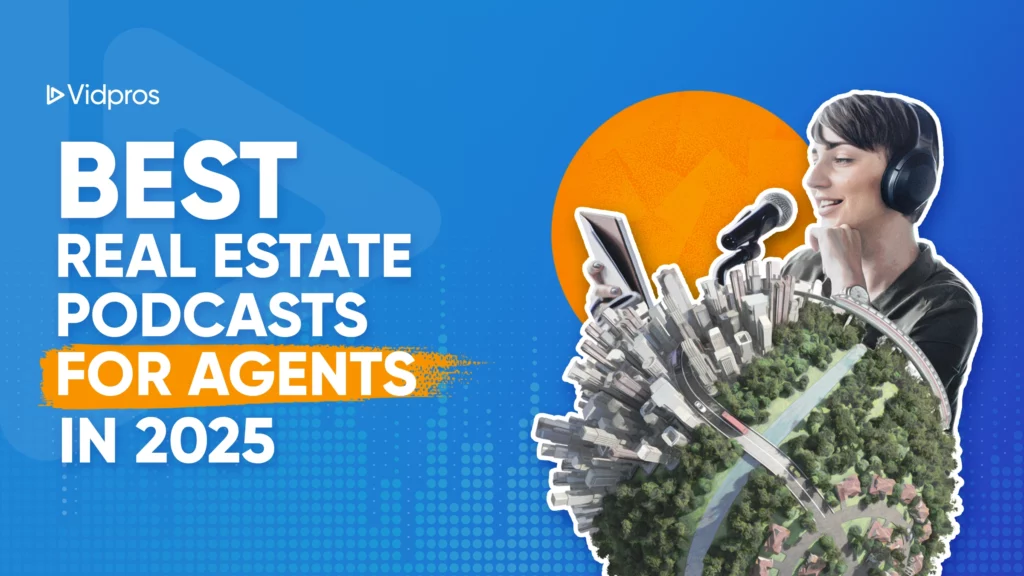 man doing a podcast with text on the side saying best real estate podcasts for agents