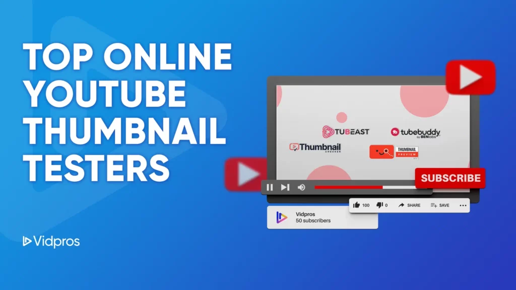 Image featuring a computer screen displaying logos of YouTube thumbnail testing tools: TUBESASTHUMBNAIL, Buddy, and others. To the left, text reads Top Online Thumbnail AB Testers. A play button icon is visible below.