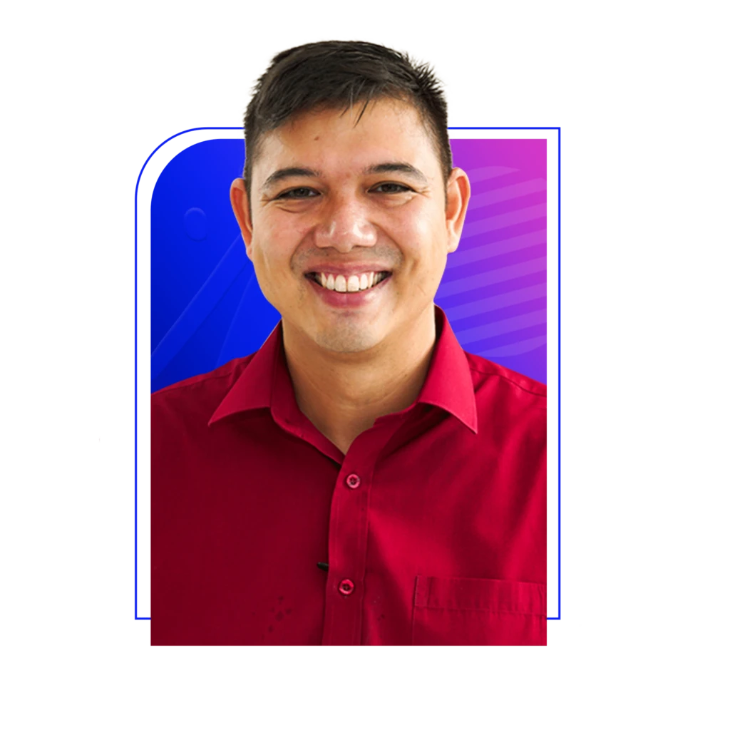 Smiling person wearing a red shirt, set against a graphic background with blue and purple hues.