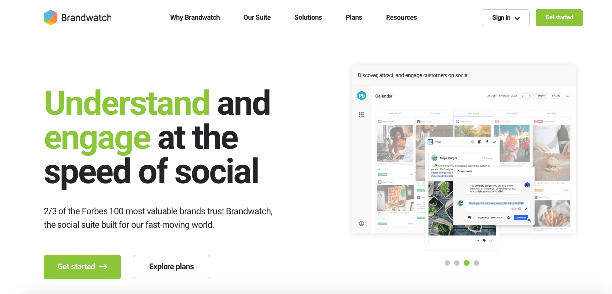 Screenshot of Brandwatch homepage featuring text: Understand and engage at the speed of social. It mentions Forbes 100 brands trust Brandwatch. A preview of a social engagement tool is shown. Navigation includes Why Brandwatch, Sign in, and Get started.