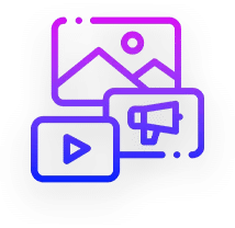 A gradient icon featuring an image symbol with mountains, a play button representing video, and a megaphone symbolizing audio or announcements. The icons overlap, suggesting multimedia content.
