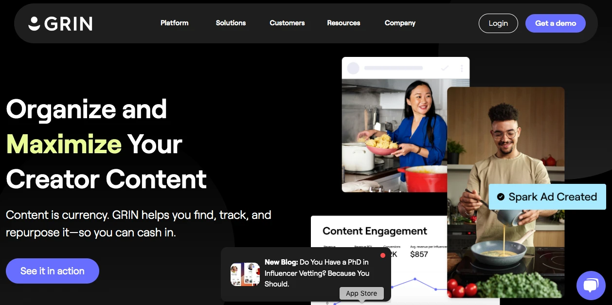 Screenshot of the GRIN website. It features the slogan Organize and Maximize Your Creator Content, with images of diverse individuals cooking and engaging with content on devices. The interface includes blog notifications and platform options like login and demo.