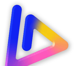 A colorful triangular play button icon with a gradient of blue, purple, pink, and yellow hues, featuring a black outline.