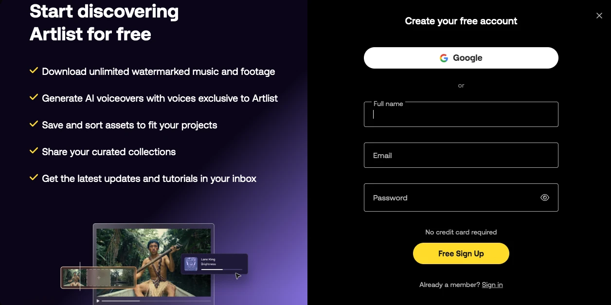 Website landing page showing benefits of Artlist, such as downloading music and generating AI voiceovers. Right side features a sign-up form with fields for full name, email, and password, along with options to sign up with Google or create a free account.