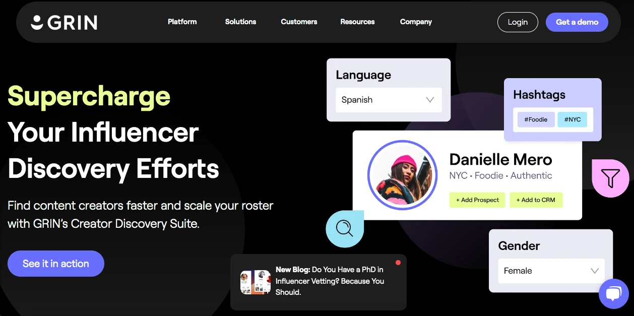 A webpage for GRINs Creator Discovery Suite. Features options to select language, hashtags, and gender. Text reads Supercharge Your Influencer Discovery Efforts. Buttons for logging in and getting a demo. Profile card of Danielle Mero with social icons displayed.
