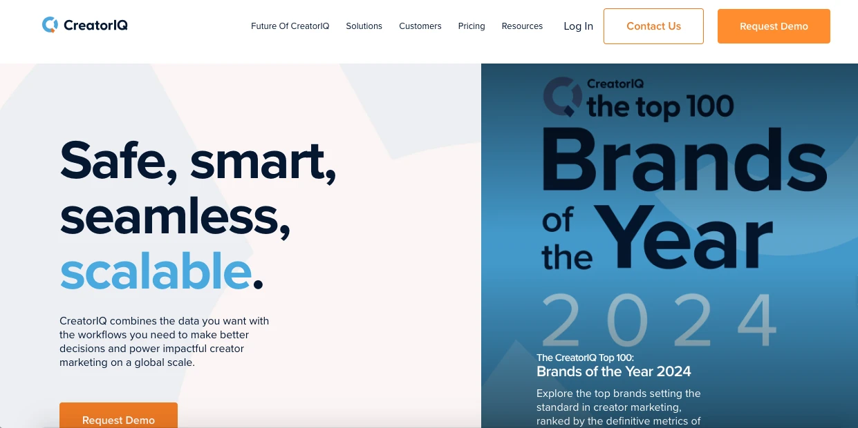 A webpage screenshot featuring CreatorIQs branding. Left side displays text about seamless scalability with an orange Request Demo button. Right side showcases top 100 Brands of the Year 2024 with CreatorIQ logos and Request Demo button.