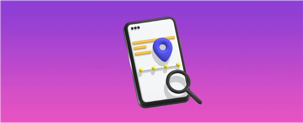 A 3D illustration of a smartphone showcases a location pin icon and timeline, hinting at seamless navigation. A magnifying glass hovers over the screen, symbolizing precision—ideal for white label video editing services. The background features a gradient from purple to pink.