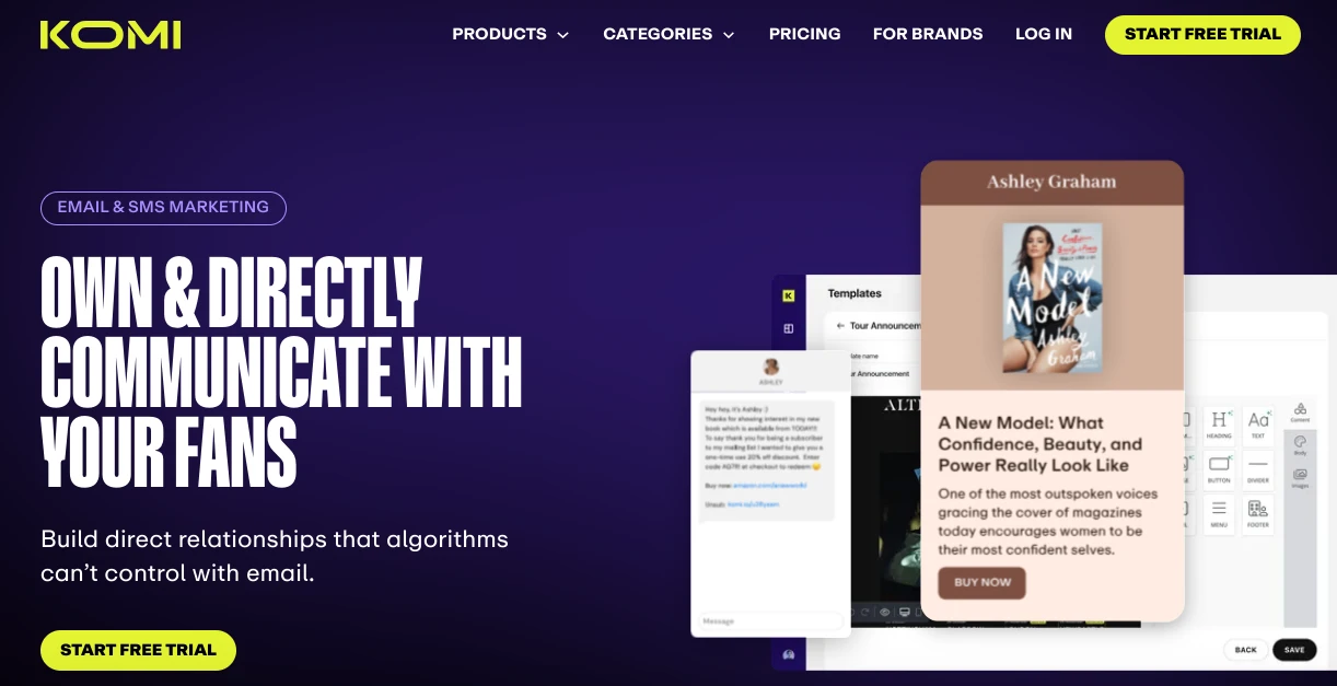 Komi.io Email and SMS Marketing Landing Page