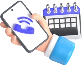 Illustration of a hand holding a smartphone showcasing a phone icon beside a small calendar. The blue-sleeved hand evokes ideas related to communication and scheduling, highlighting NMO considerations for seamless interaction.
