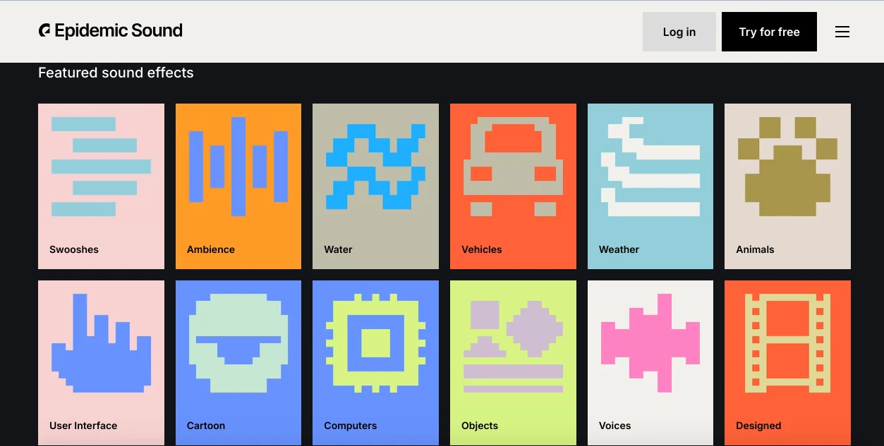 Grid of colorful, abstract digital icons representing various sound effects categories on Epidemic Sound. Categories include Swooshes, Ambience, Water, Vehicles, Weather, Animals, User Interface, Cartoon, Computers, Objects, Voices, and Designed.