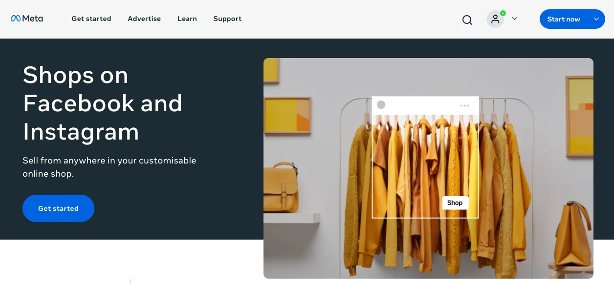 A website section promoting shops on Facebook and Instagram. It features a clothing rack with orange and yellow garments and accessories. The text encourages selling from a customizable online shop. Buttons for Get started and Start now are visible.
