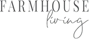 The image features the text FARMHOUSE Living in a serif font for FARMHOUSE and a cursive script for Living, set against a transparent background.