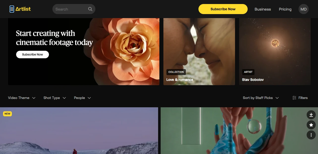 A website interface showing a navigation bar with search and profile icons. The page displays featured video collections like Love & Romance with a close-up of a couple and Star Sobolev with a cosmic graphic. A subscribe button is prominent at the top.