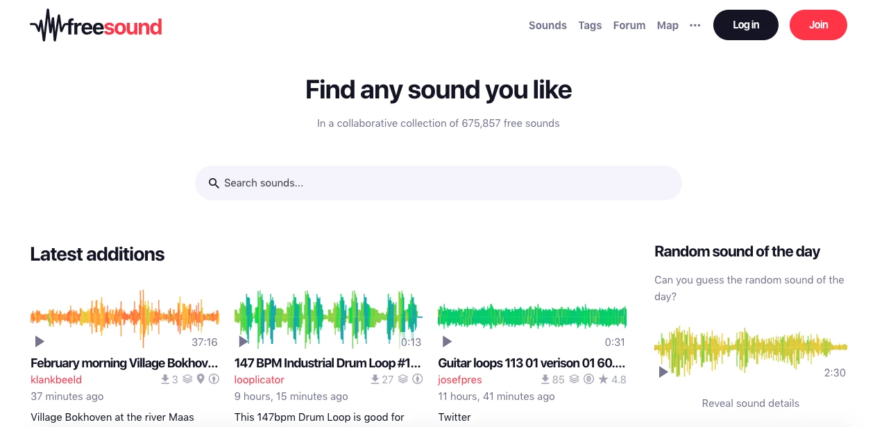 Screenshot of the Freesound website homepage. It displays a search bar under the text Find any sound you like and showcases sound waveforms under Latest additions and Random sound of the day sections.