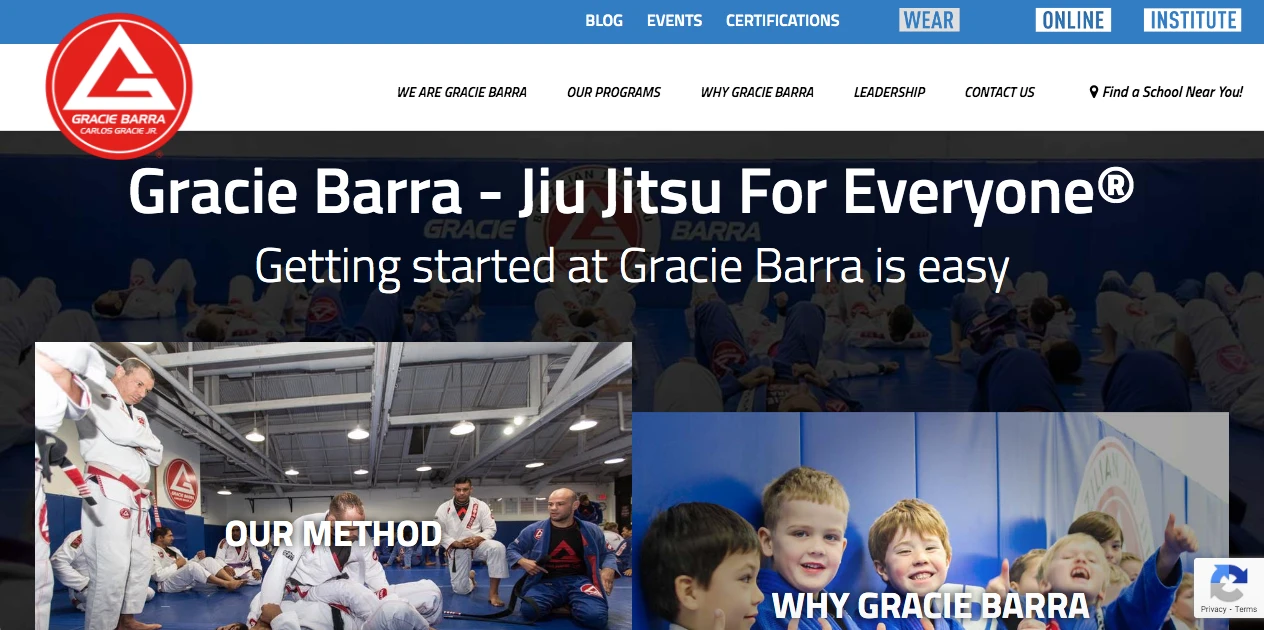 Screenshot of Gracie Barras website homepage, featuring the slogan Jiu Jitsu For Everyone®. The page shows images of people practicing jiu jitsu and children smiling, along with navigation links for blog, events, and certifications.