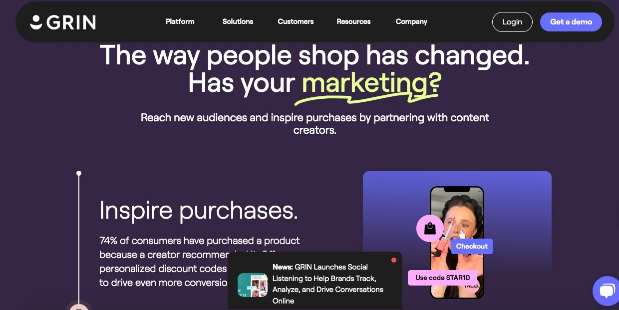 A website homepage with a headline about changes in shopping and marketing. It highlights reaching audiences via partnerships. Theres an image of a person on a phone, and text about discounts and social listening.