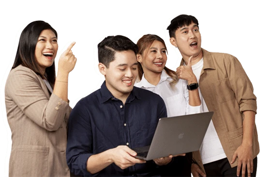 A group of four people are looking in the same direction with expressions of amazement and joy. One person is holding a laptop open to an impressive video editing project. They stand close together, wearing casual business attire, embodying the spirit of collaboration.