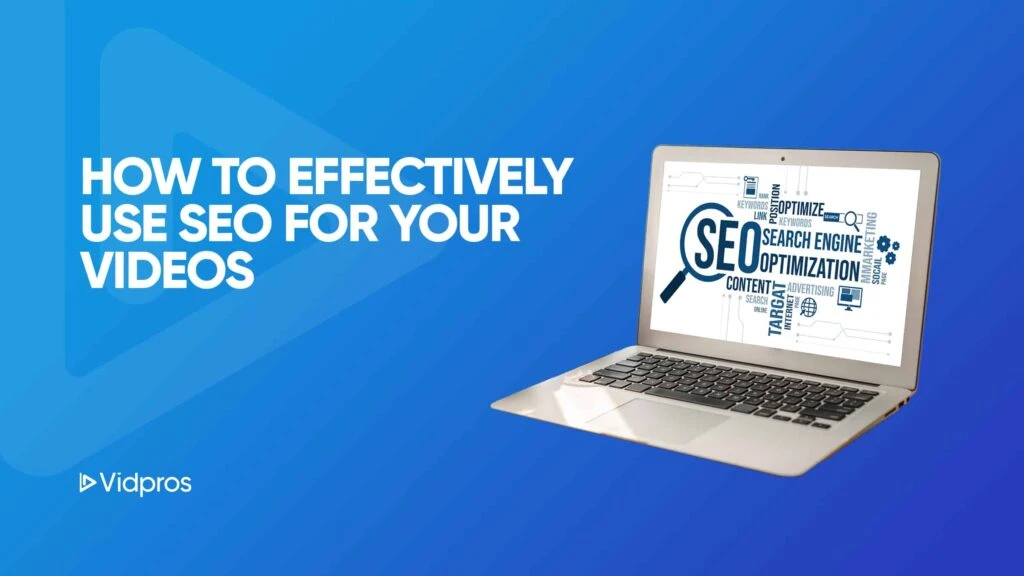 A laptop showcases a word cloud on SEO, featuring terms like search engine and optimization, against a blue background. The text reads, How content creators can effectively use SEO for your videos.