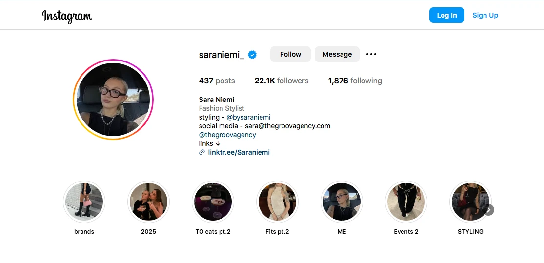 a screenshot of Sara Niemi's Instagram account