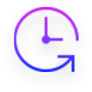 A circular icon featuring a clock with a pink and purple gradient. The clock has two hands pointing at different times, with an arrow forming the lower right segment, suggesting a refresh or reset action. The background is black.