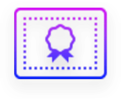 A stylized graphic of a rectangular certificate outlined by dotted lines. A ribbon icon is centered within the rectangle. The design has a gradient effect transitioning from purple to blue. The background is black.