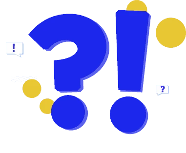 Large blue question mark and exclamation point on a purple background, surrounded by yellow circles. Like icons in a video editing service, two small chat bubbles feature a blue question mark and exclamation point.
