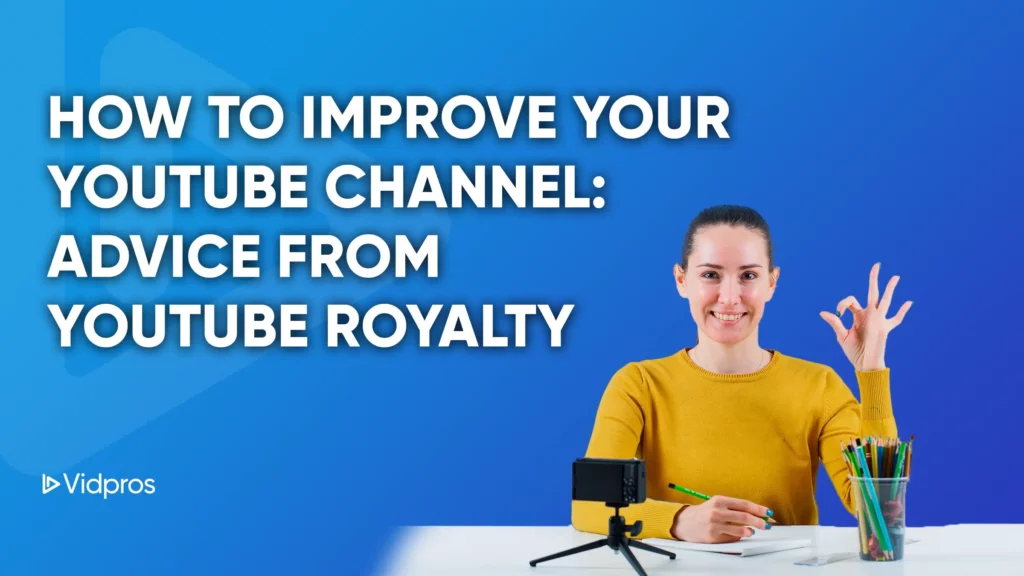 A woman in a yellow sweater sits at a desk, pen in hand, gesturing as she shares insights. Surrounded by a phone on a tripod and colorful stationery, the text reads, How to Improve Your YouTube Channel: Advice from YouTube Royalty through Smart Analytics.
