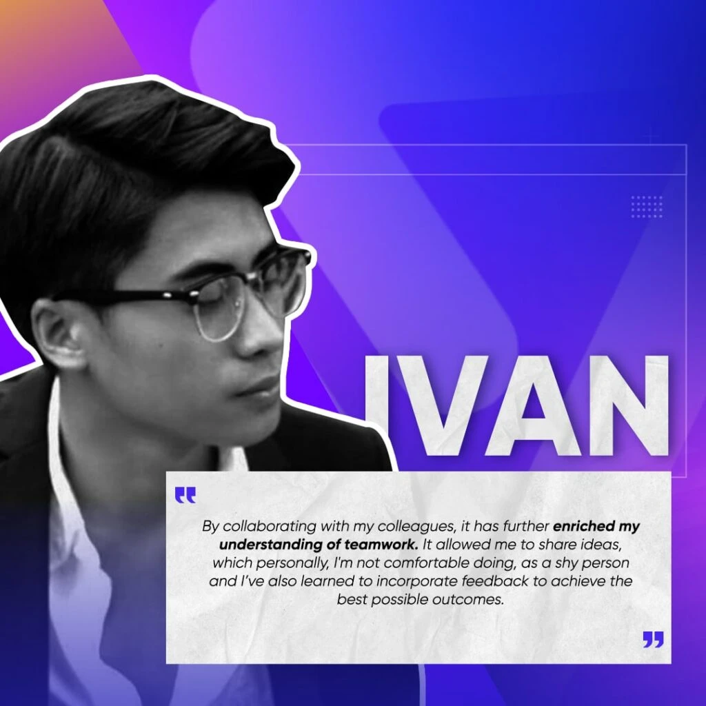 A monochrome portrait of a person named Ivan wearing glasses, with a colorful geometric background. A quote below mentions teamwork enriching his understanding and helping him share ideas and incorporate feedback for better outcomes.