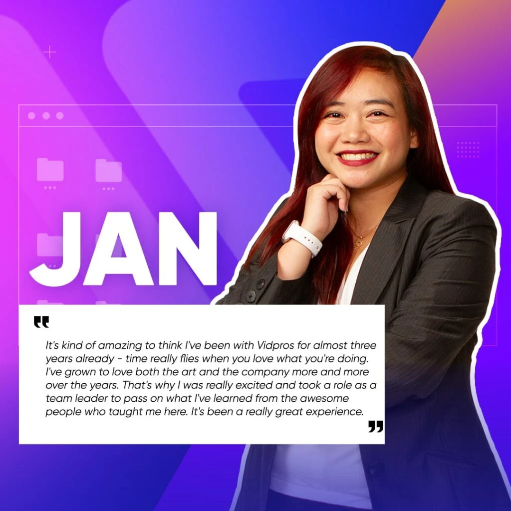 Smiling person with long hair wearing a suit, standing against a colorful background with geometric shapes and digital icons. The text reads JAN with a quote about enjoying almost three years at Vidpros, appreciating the art, company, and experience.