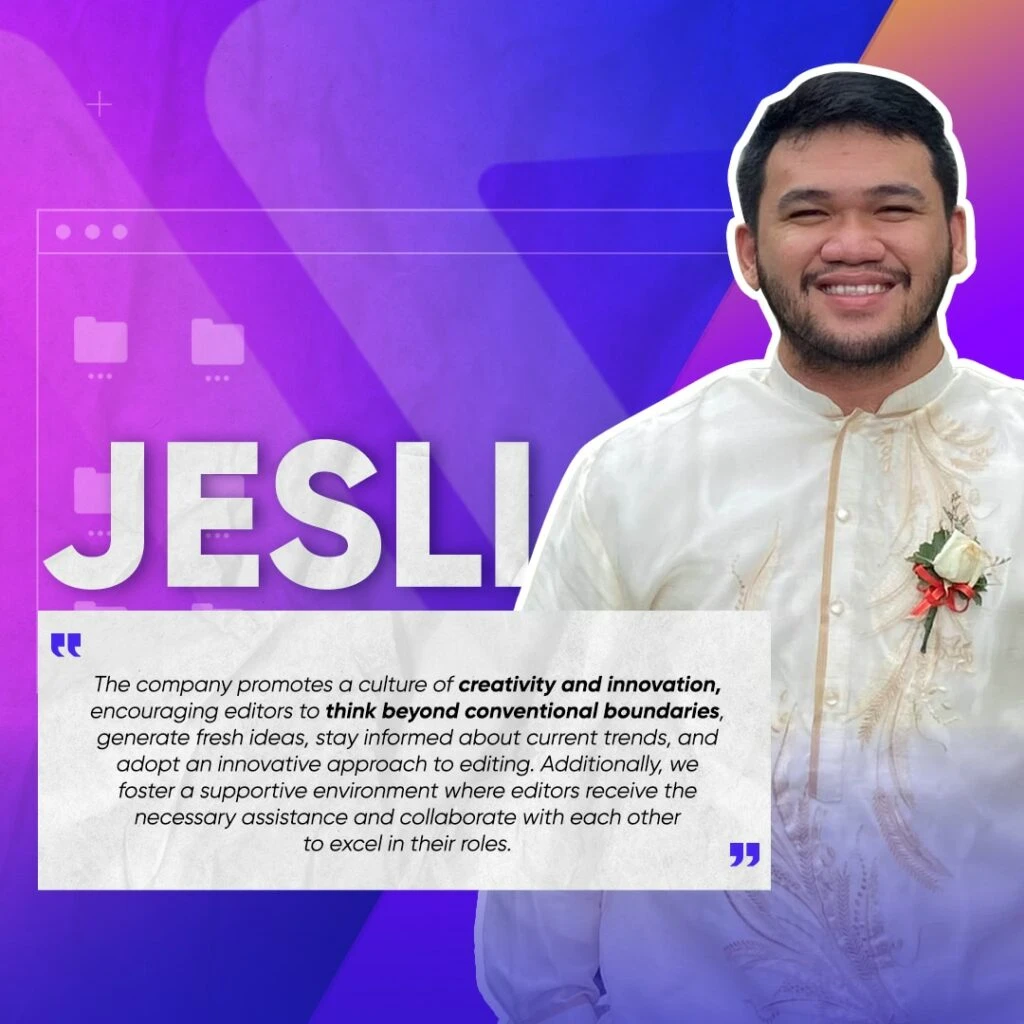 A smiling person in a traditional formal top stands on the right against a vibrant purple and orange gradient background. The text reads JESLI with a quote below about creativity, innovation, and editor collaboration. Icons are faintly visible in the background.