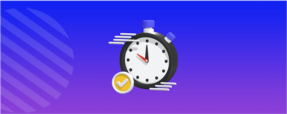 A 3D illustration showcases a stopwatch with a black and white face and red second hand, set against a blue to purple gradient background. A yellow checkmark in a circle signifies completion. Sleek white motion lines illustrate speed, reminiscent of seamless transitions in video editing.