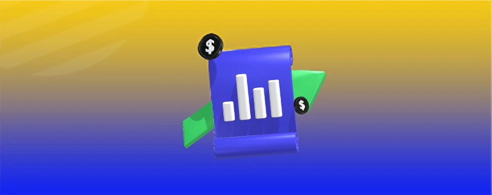 A 3D illustration of a blue scroll with a white bar chart, featuring a green upward arrow and two black dollar sign circles, embodies the success of white label ventures. The background transitions from yellow at the top to blue at the bottom, enhancing its dynamic visual appeal.
