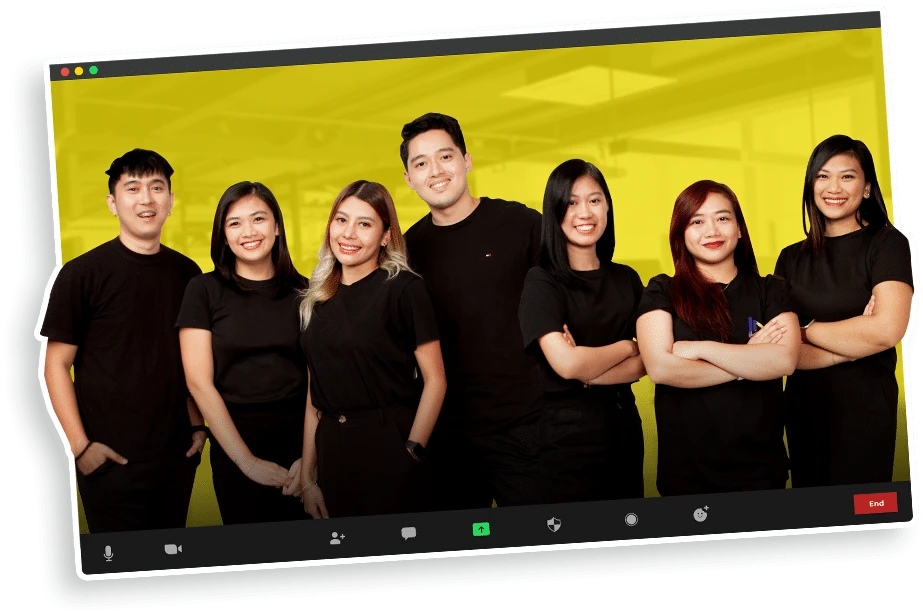 A group of seven people wearing black shirts pose together against a bright yellow background. Theyre framed within a video call interface, smiling at the camera, showcasing their collaboration for an unlimited video editing service.