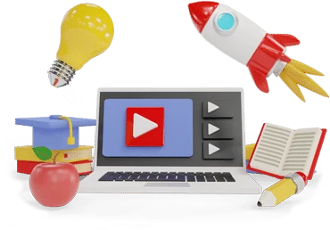 A 3D illustration featuring a laptop with a play button on the screen. Surrounding it are a light bulb, rocket, graduation cap, stack of books, open book, pencil, and an apple, symbolizing education and technology.