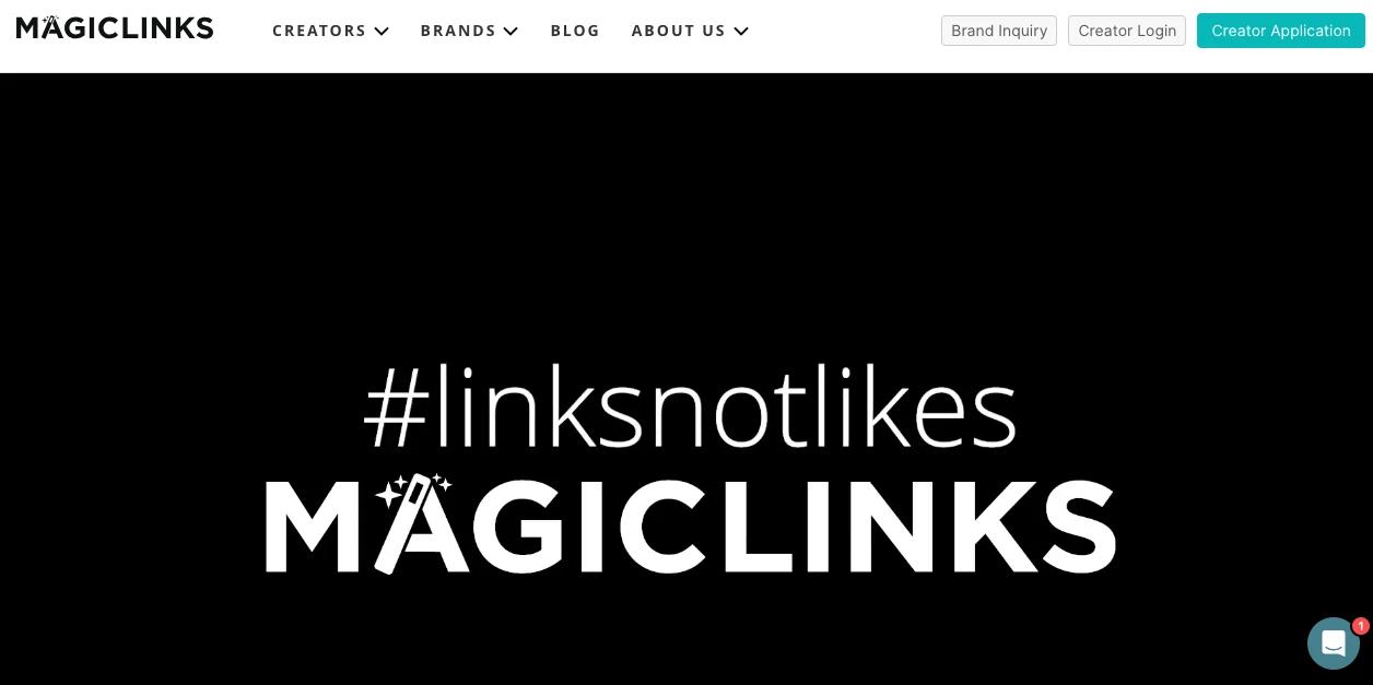 Website homepage with a black background and the phrase #linksnotlikes in white text above a larger MAGICLINKS logo. The top menu includes options like Creators, Brands, Blog, About Us, and login buttons.