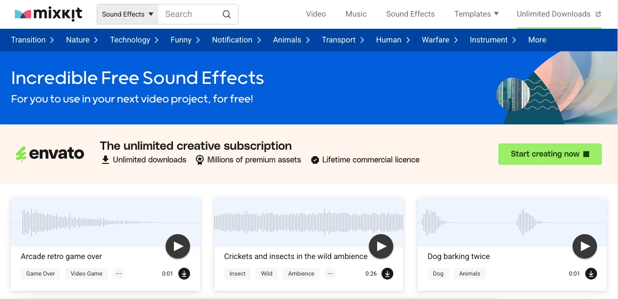 Screenshot of Mixkits website showing free sound effects, including Arcade retro game over, Crickets and insects in the wild ambience, and Dog barking twice. Features include unlimited downloads and a creative subscription.