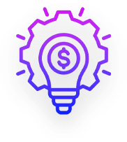 A gradient purple and blue icon shows a light bulb with a dollar sign inside, surrounded by the outline of a gear with lines radiating outward, representing innovation and finance.