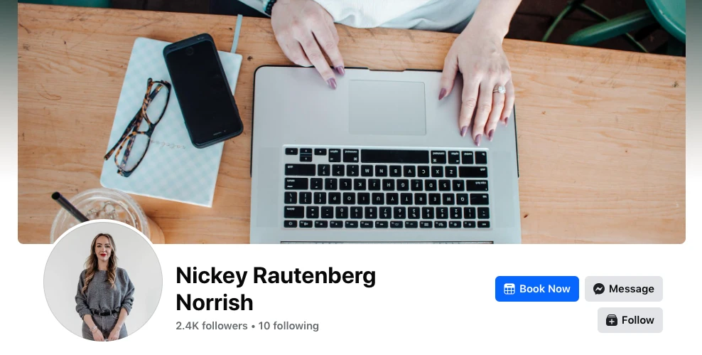 A person typing on a laptop at a wooden table with a smartphone, notebook, pen, and iced coffee nearby. The profile header below shows a person with Nickey Rautenberg Norrish and social media buttons.