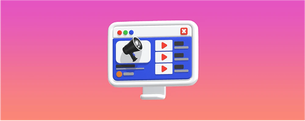 Illustration of a computer screen showcasing a video editing platform interface, complete with play buttons and a spotlight icon against a blue background. The screen features a white label design with a gradient pink to orange backdrop.