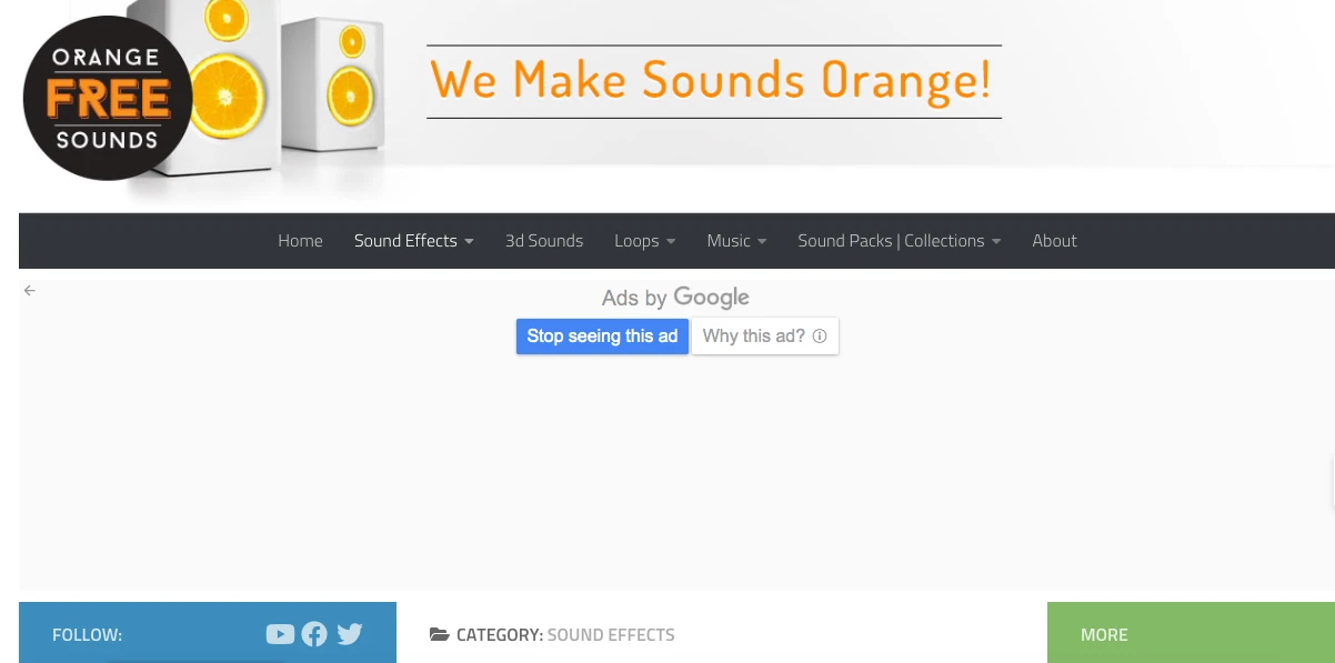 Website homepage for Orange Free Sounds. It features a logo with orange speakers and the slogan We Make Sounds Orange! The menu includes options like Sound Effects, 3d Sounds, Loops, and Music. An ad banner appears below the menu.
