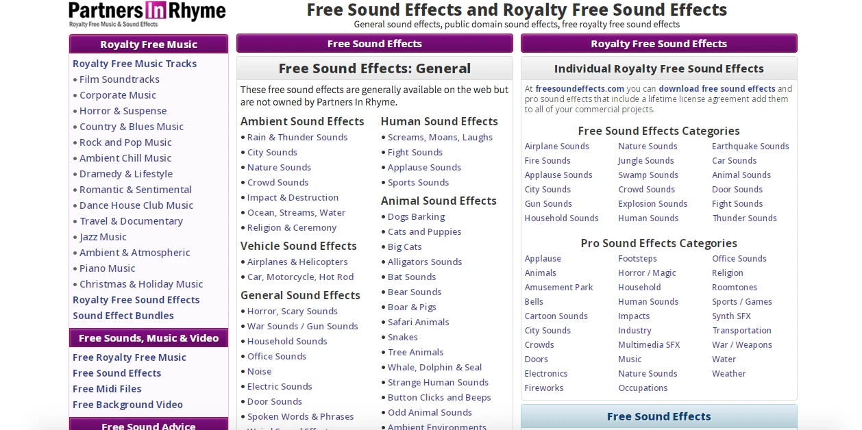 A webpage displaying lists of free and royalty-free sound effects categories. Sections include ambient, human, animal, vehicle, and individual sound effects. The header reads Partners In Rhyme. The design is purple, white, and grey.