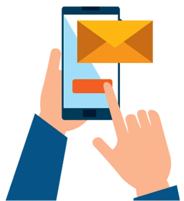 Illustration of hands holding a smartphone. An envelope icon is above the phone, indicating an email or message. One finger is poised to tap a button on the screen.