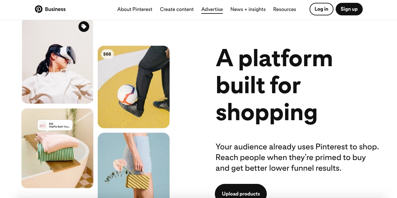 Collage of lifestyle images, including a person wearing virtual reality goggles, a soccer ball by one foot priced at $66, and someone holding a gold clutch. The text on the right promotes Pinterest as a platform for shopping.