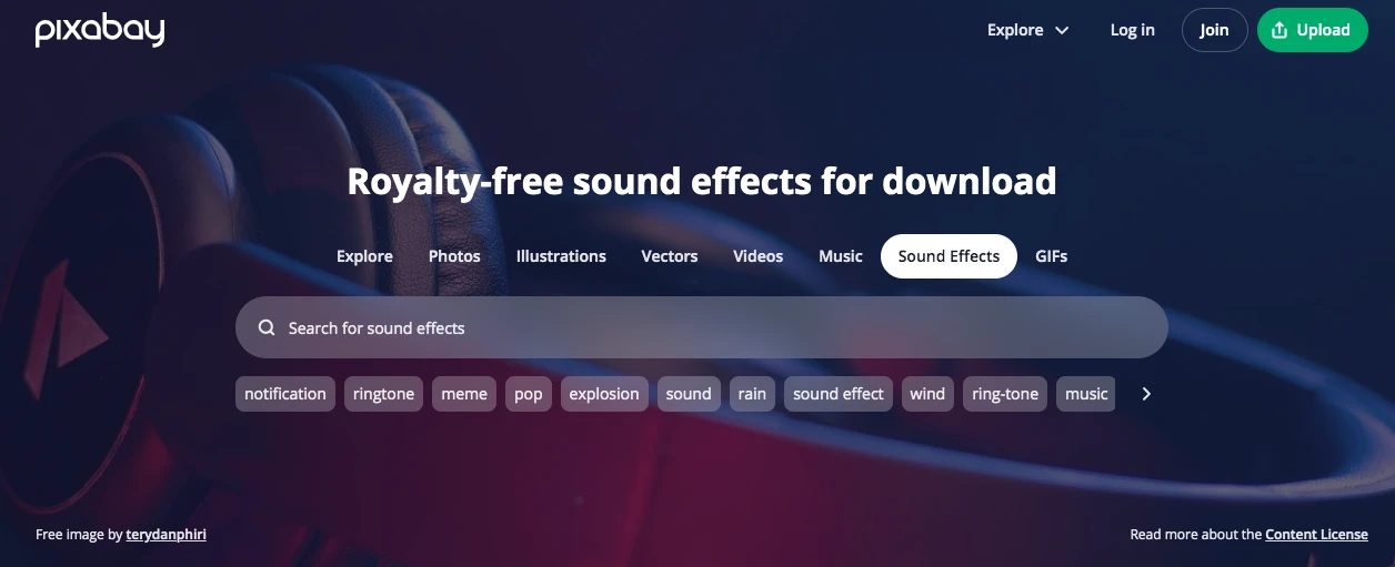 Screenshot of Pixabays website, showing a search bar for sound effects. Categories include notification, ringtone, pop, explosion, sound, rain, sound effect, wind, ring-tone, and music. A headphone image is in the background.