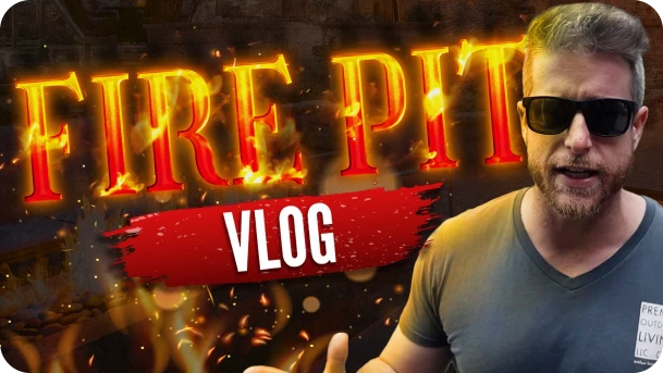 Man wearing sunglasses and a dark t-shirt stands in front of a fiery background with the text FIRE PIT VLOG in bold, bright red letters. This eye-catching thumbnail aligns perfectly with SEO keywords to boost visibility.